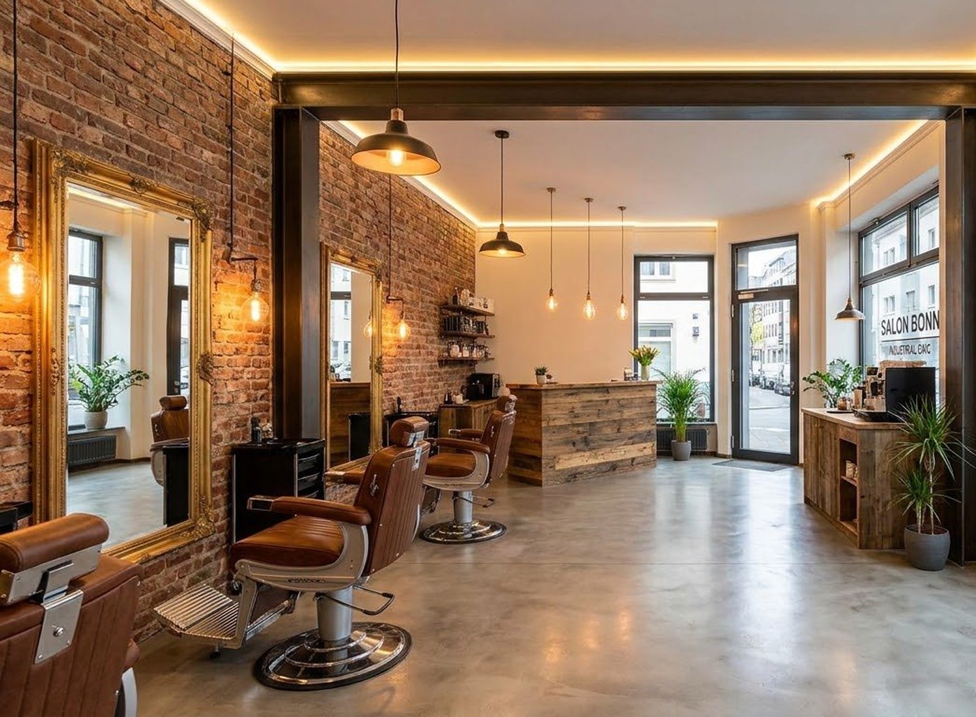 Blick in einen Friseursalon: Stühle vor einer langen Spiegelwand, Tageslicht auf dem Boden.